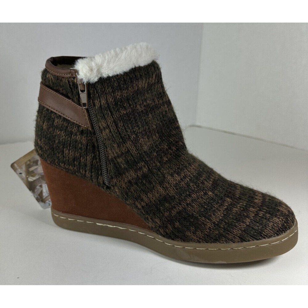 New Muk Luks Anne Marie Wedge Boots Brown Marl Ankle Buckle Shoes Faux Fur Sz 10 - Picture 5 of 13